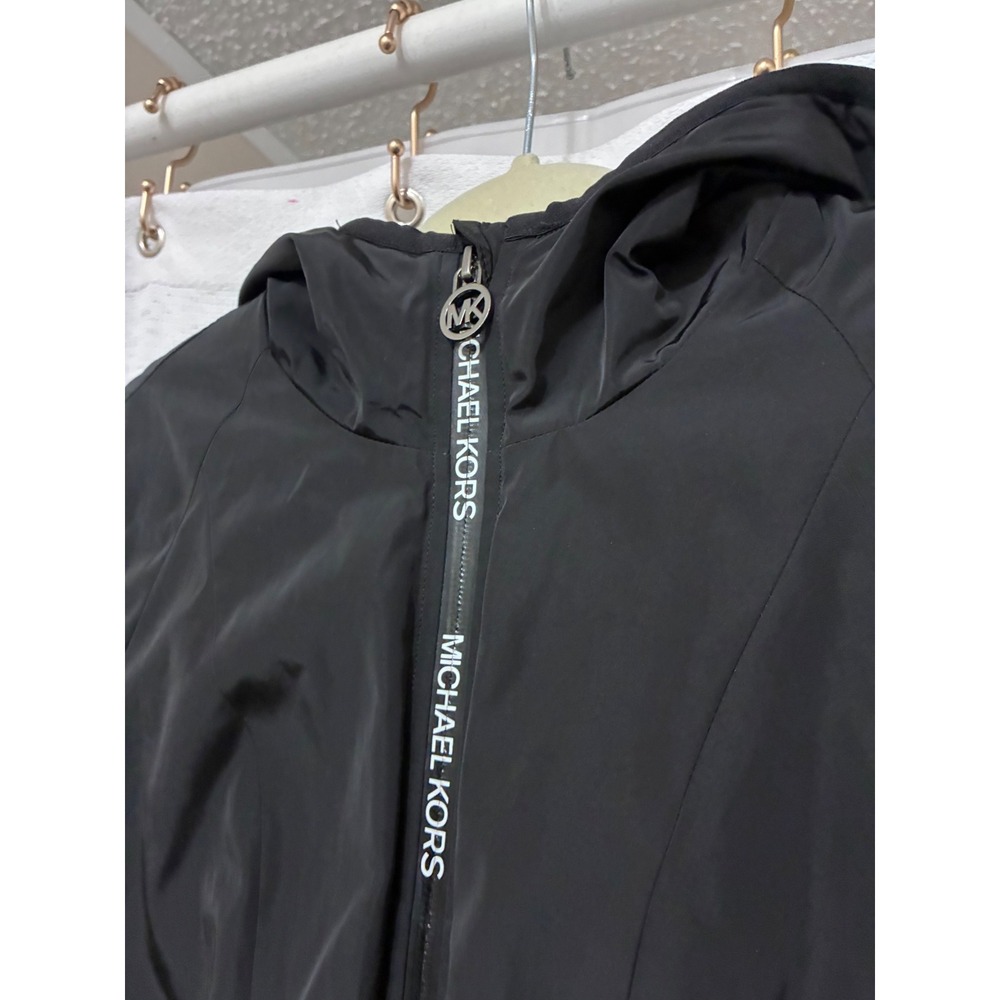 Michael Kors Womens Black Hooded Windbreaker Jacket Faux Fur Fleece Lined Small